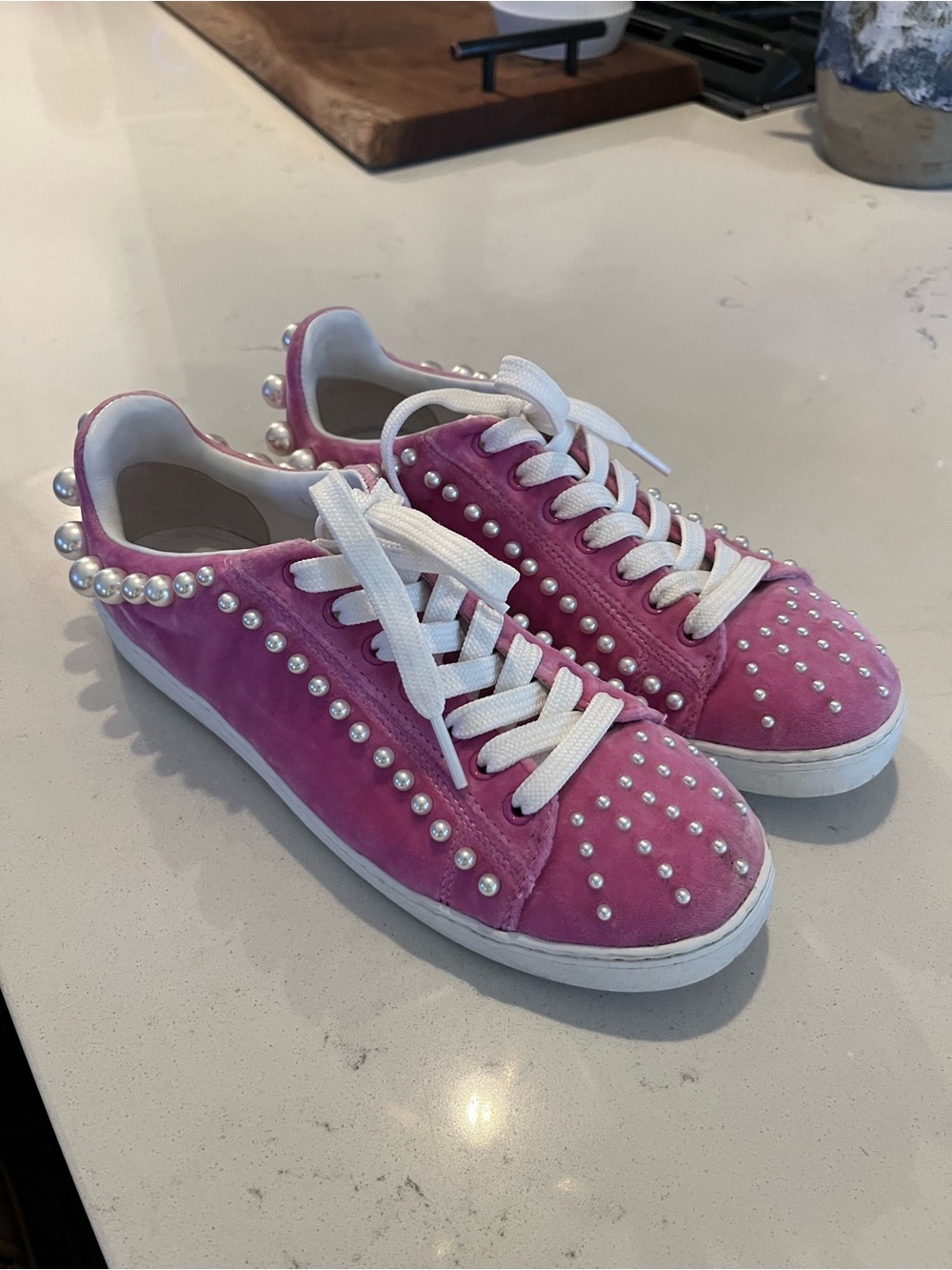 Stuart Weitzman Pink Pearl-Studded Suede Sneakers